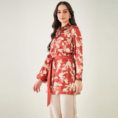 Red Baroque Print Shirt with Belt
