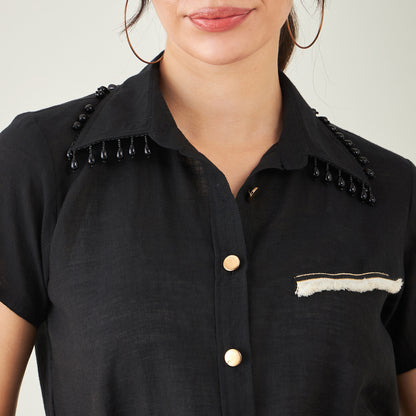 Black Linen Shirt with Lace Detail