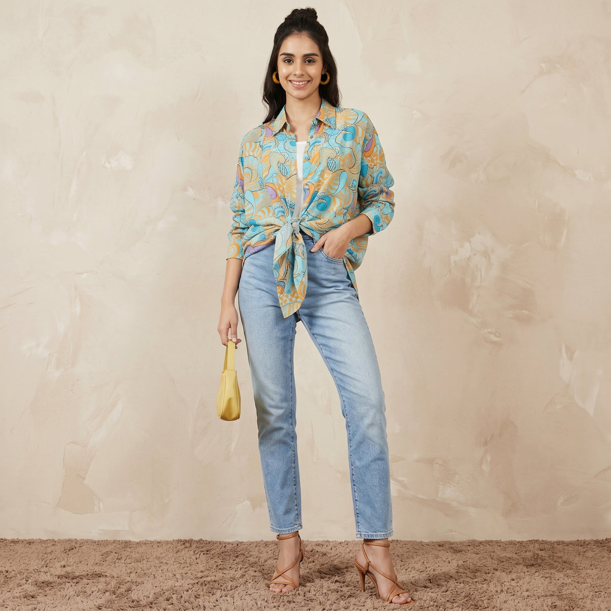 Blue And Citrus Orange Playful Print Shirt for Women – Viscose Crepe | First Resort by Ramola Bachchan