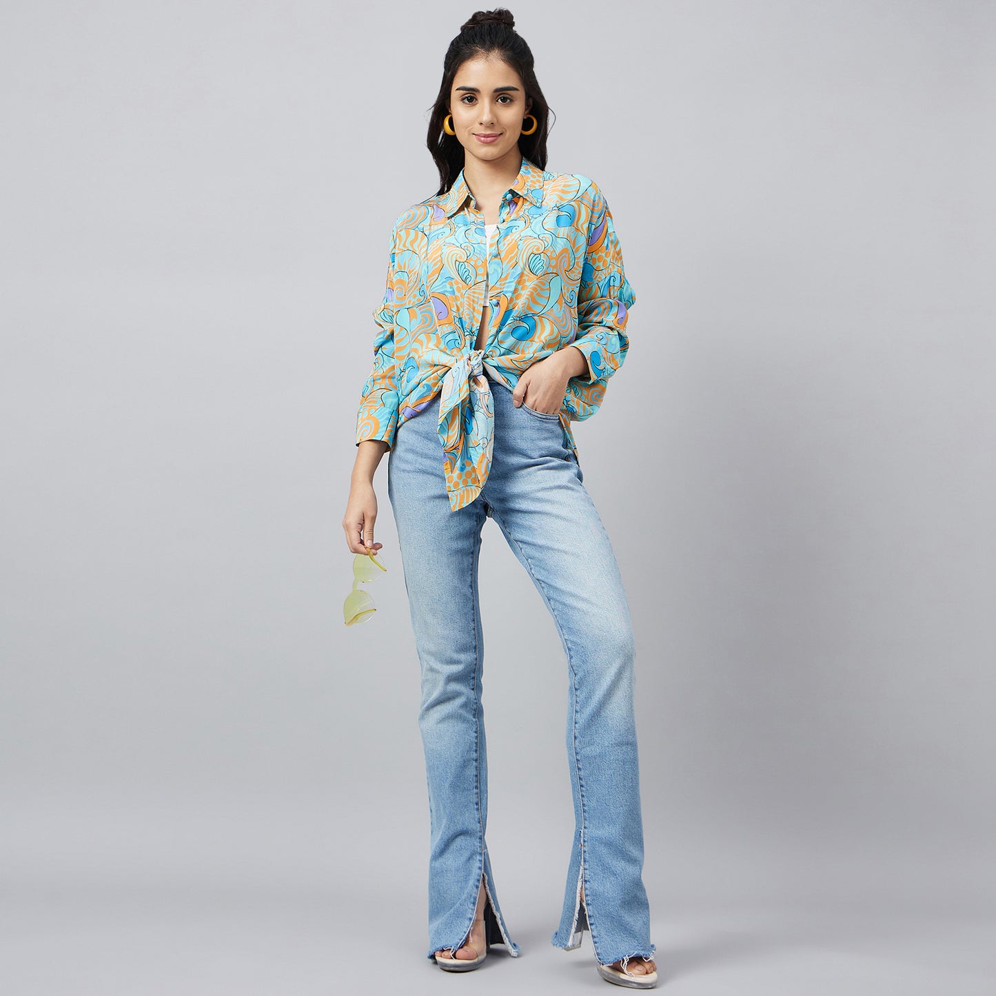 Blue and Citrus Orange Playful Print Boyfriend Shirt