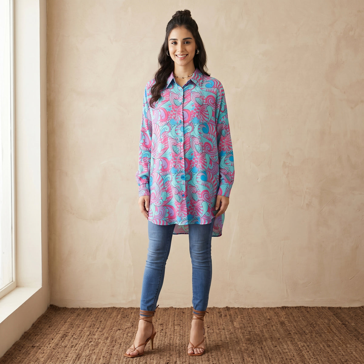Blue And Rose Pink Playful Print Shirt for Women – Viscose Crepe | First Resort by Ramola Bachchan
