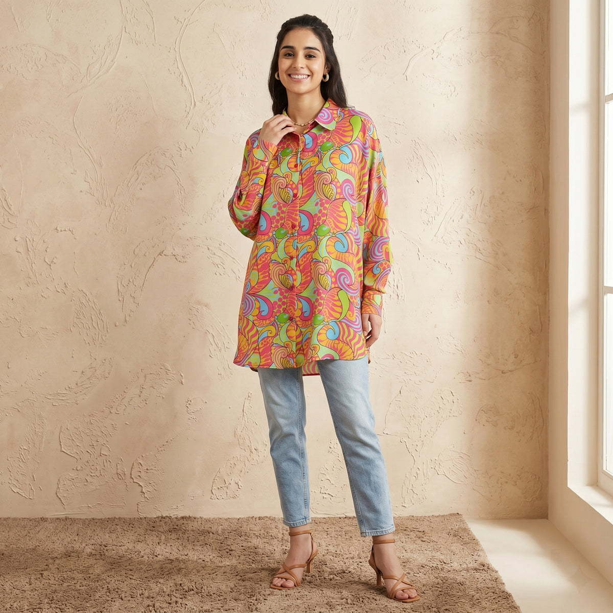 Bubblegum Pink Playful Print Shirt for Women – Viscose Crepe | First Resort by Ramola Bachchan