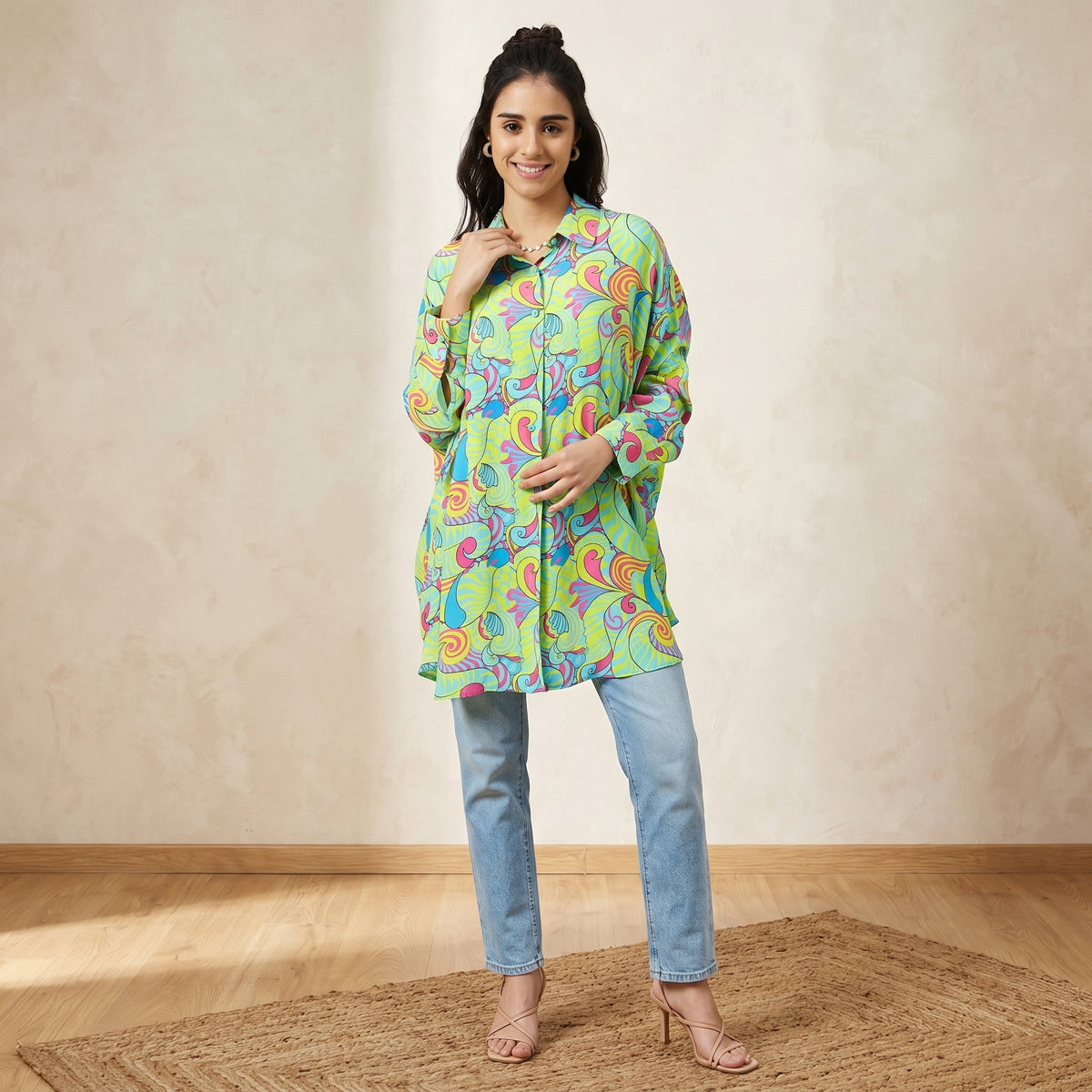 Citrus Green And Lemon Playful Print Shirt for Women – Viscose Crepe | First Resort by Ramola Bachchan