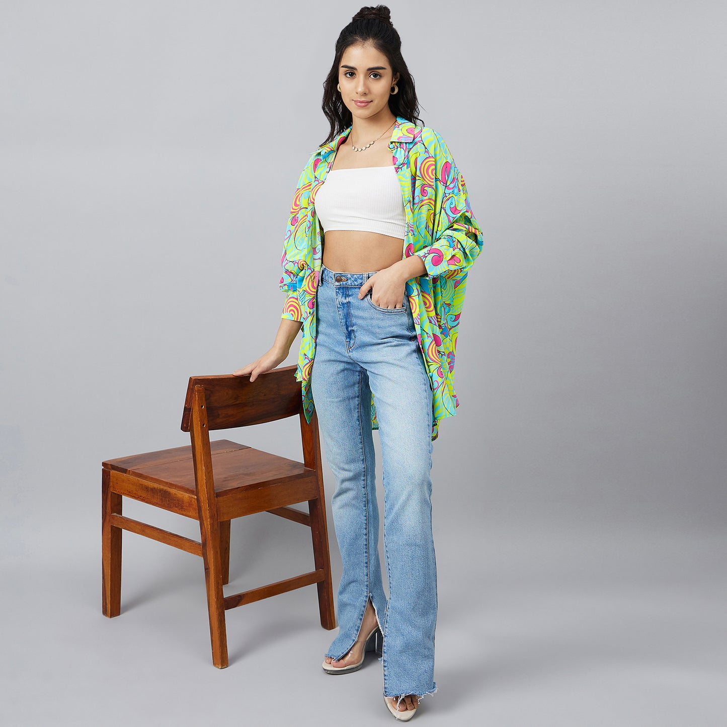 Citrus Green and Lemon Playful Print Boyfriend Shirt