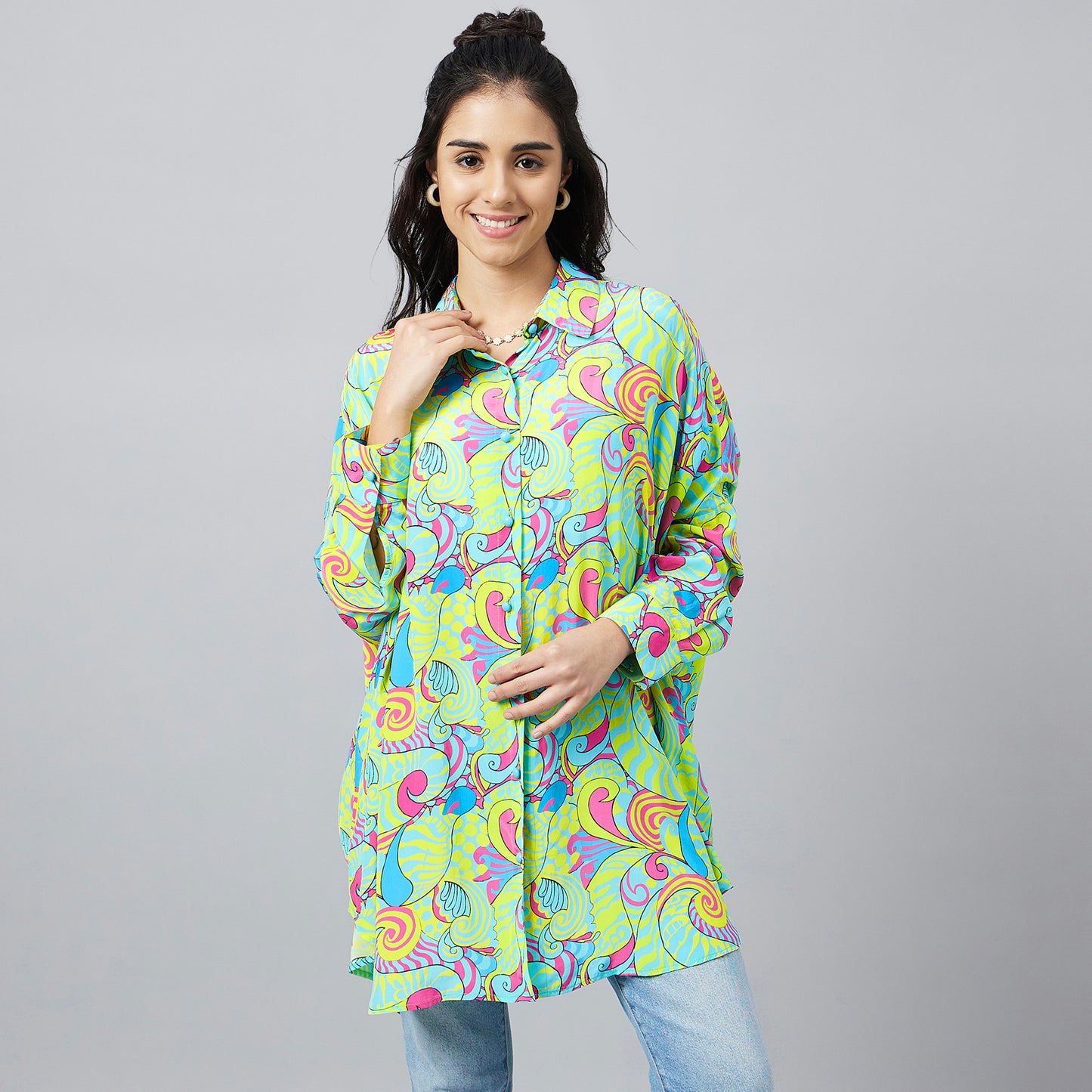 Citrus Green and Lemon Playful Print Boyfriend Shirt