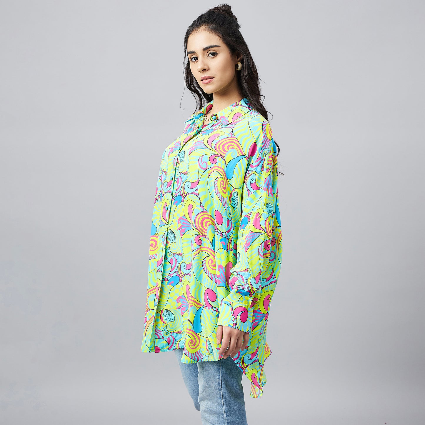 Citrus Green and Lemon Playful Print Boyfriend Shirt