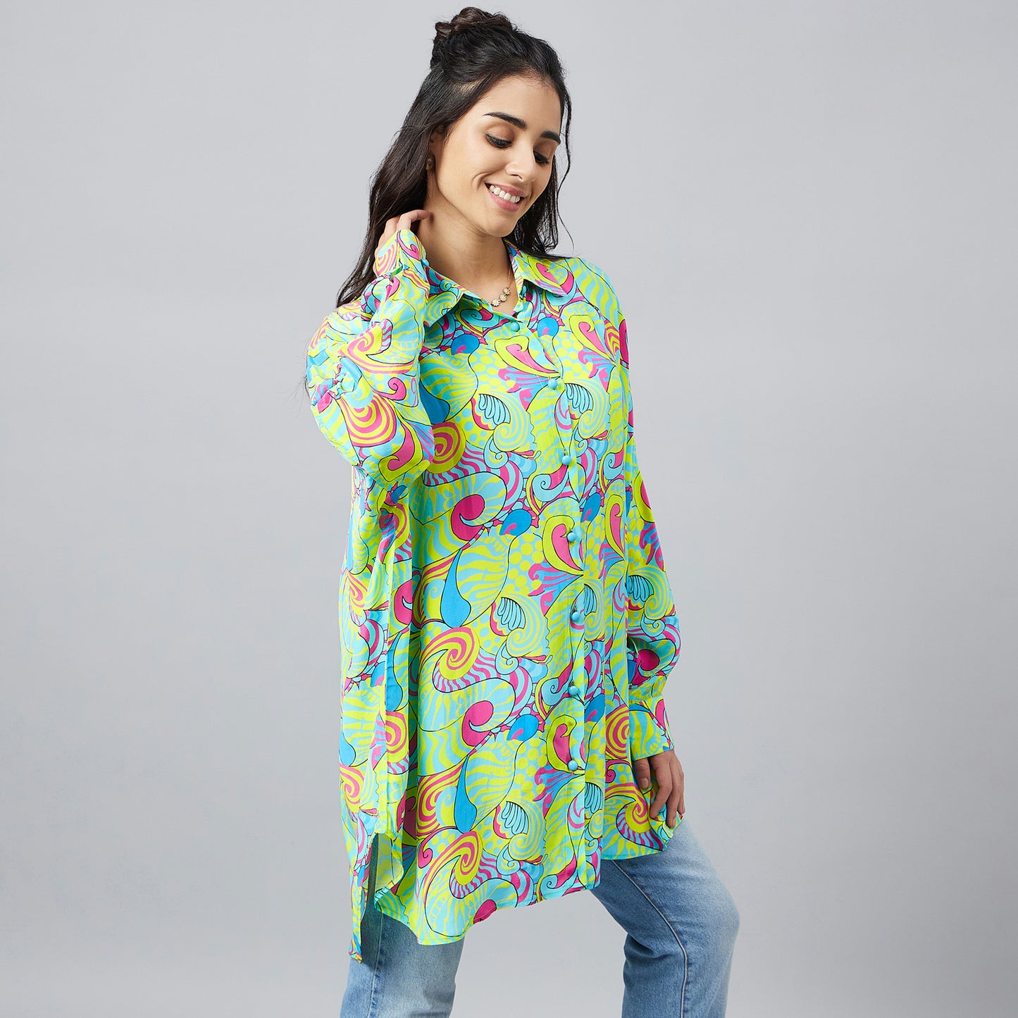 Citrus Green and Lemon Playful Print Boyfriend Shirt