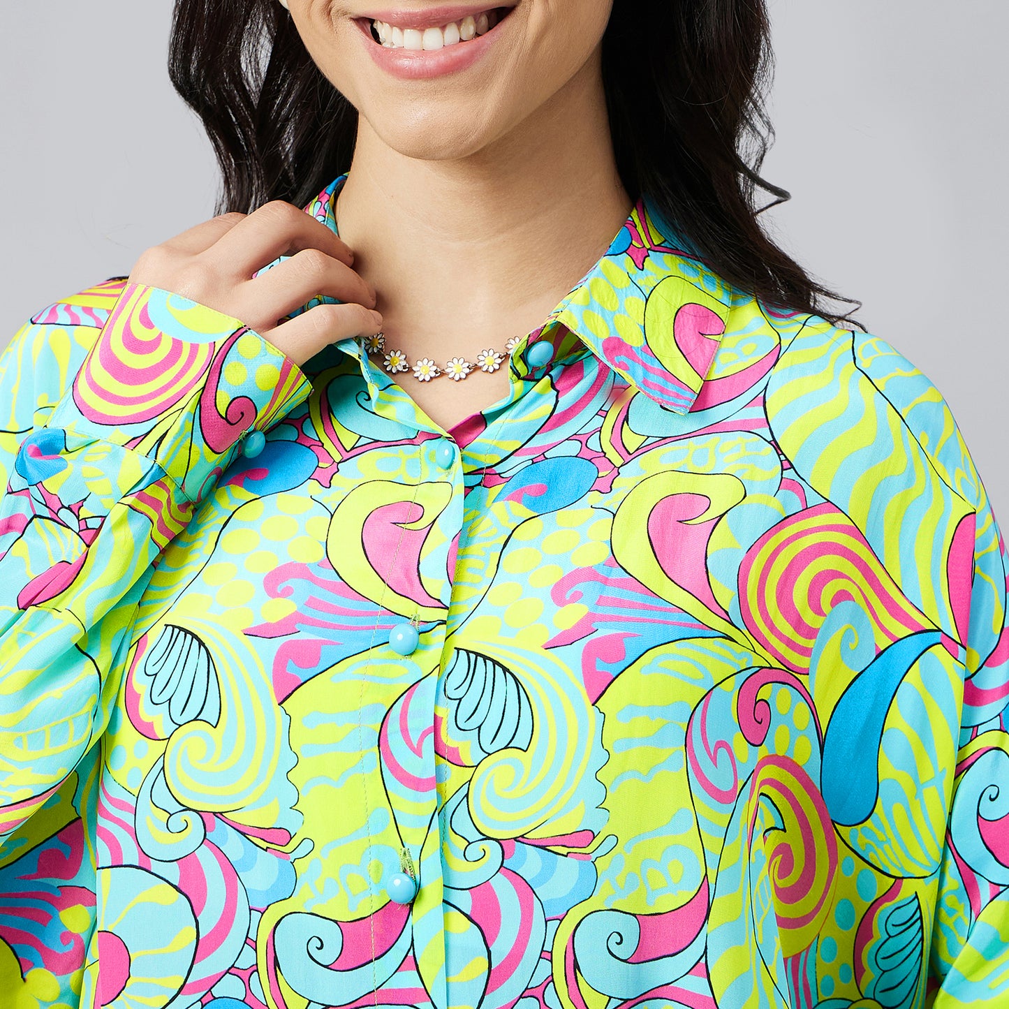 Citrus Green and Lemon Playful Print Boyfriend Shirt