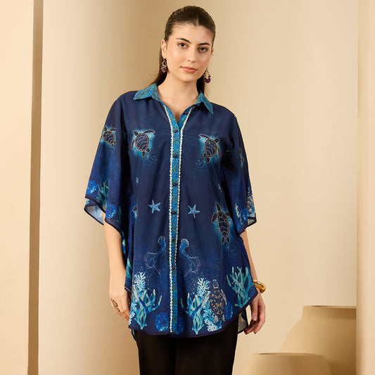 Navy Blue Under Water Apple-Cut Kaftan Shirt