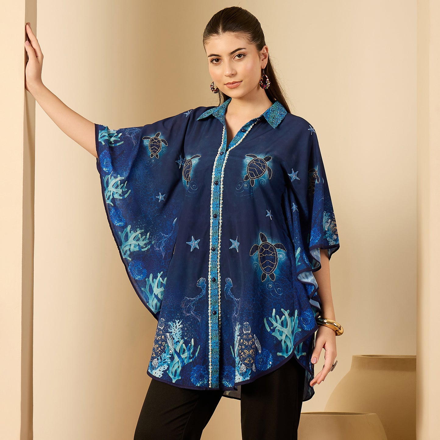 Navy Blue Under Water Apple-Cut Kaftan Shirt