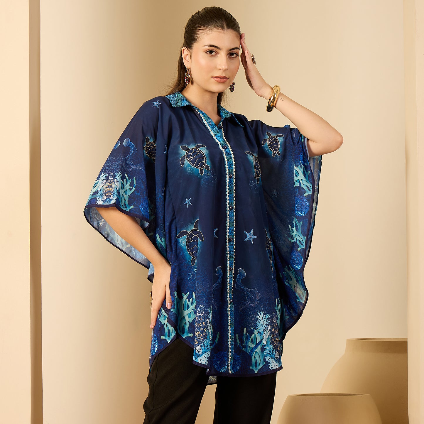 Navy Blue Under Water Apple-Cut Kaftan Shirt