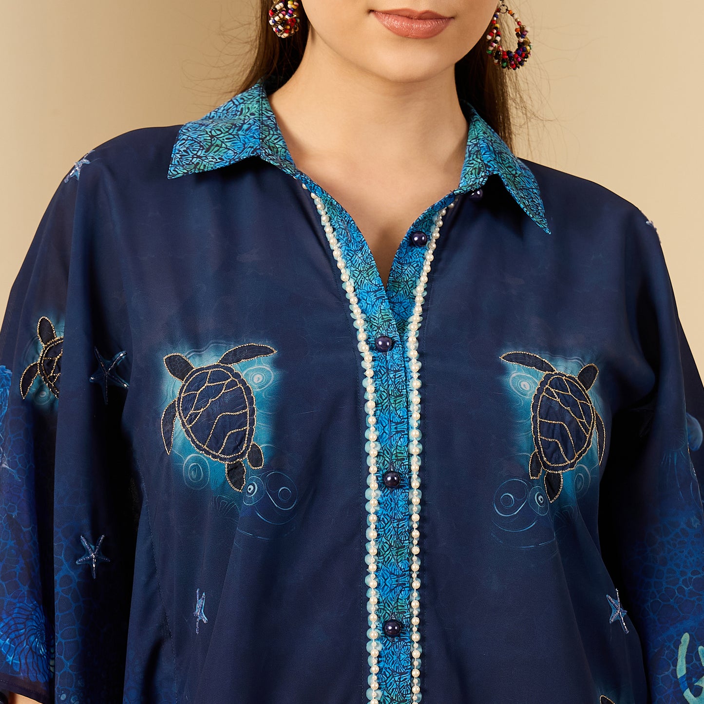 Navy Blue Under Water Apple-Cut Kaftan Shirt