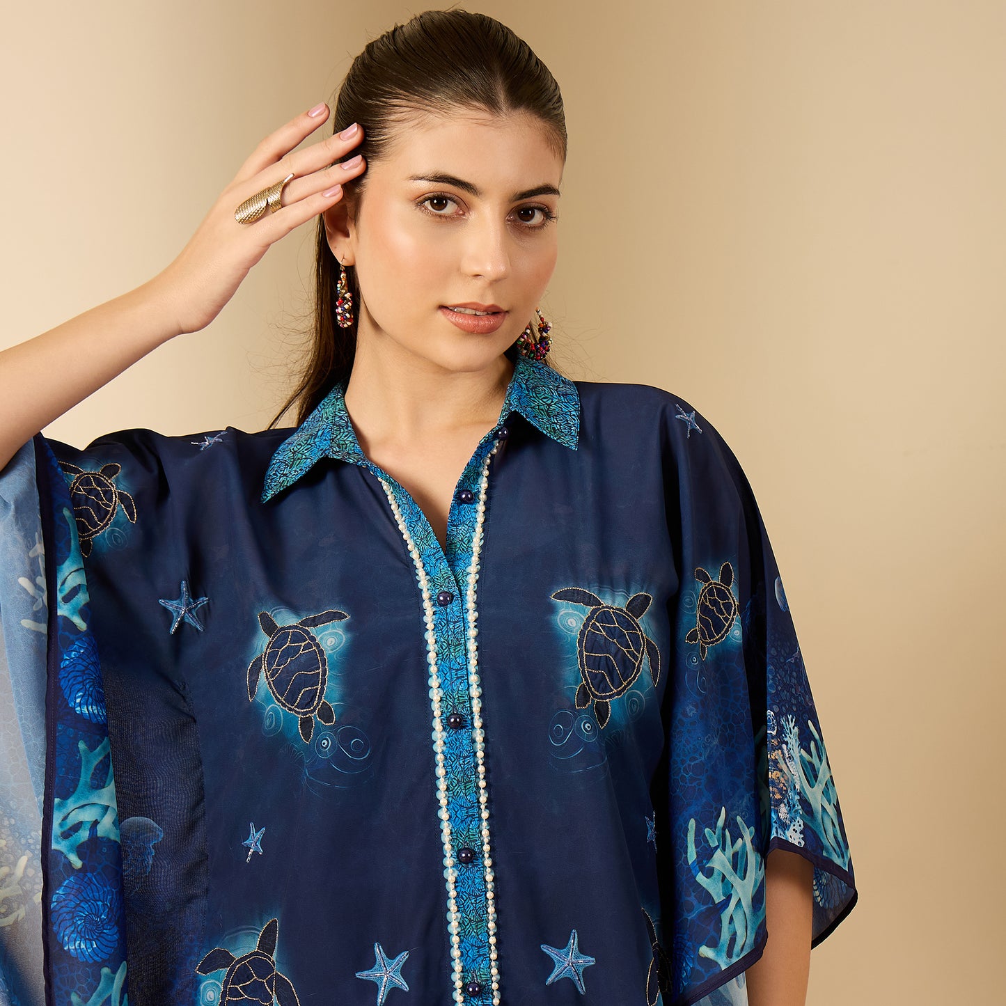 Navy Blue Under Water Apple-Cut Kaftan Shirt