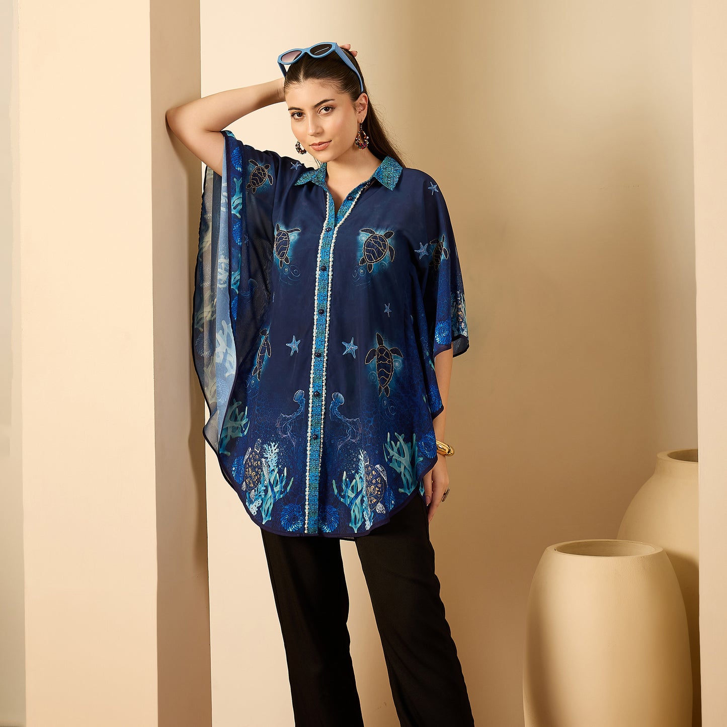 Navy Blue Under Water Apple-Cut Kaftan Shirt