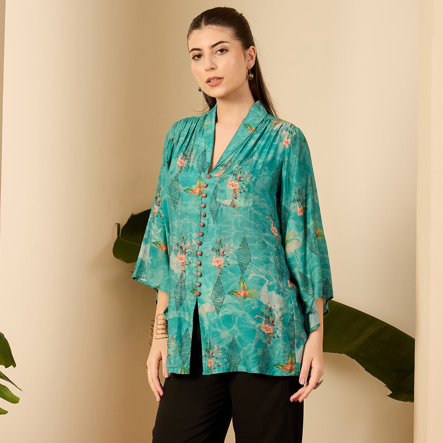 Teal Flamingo Floral Shirt