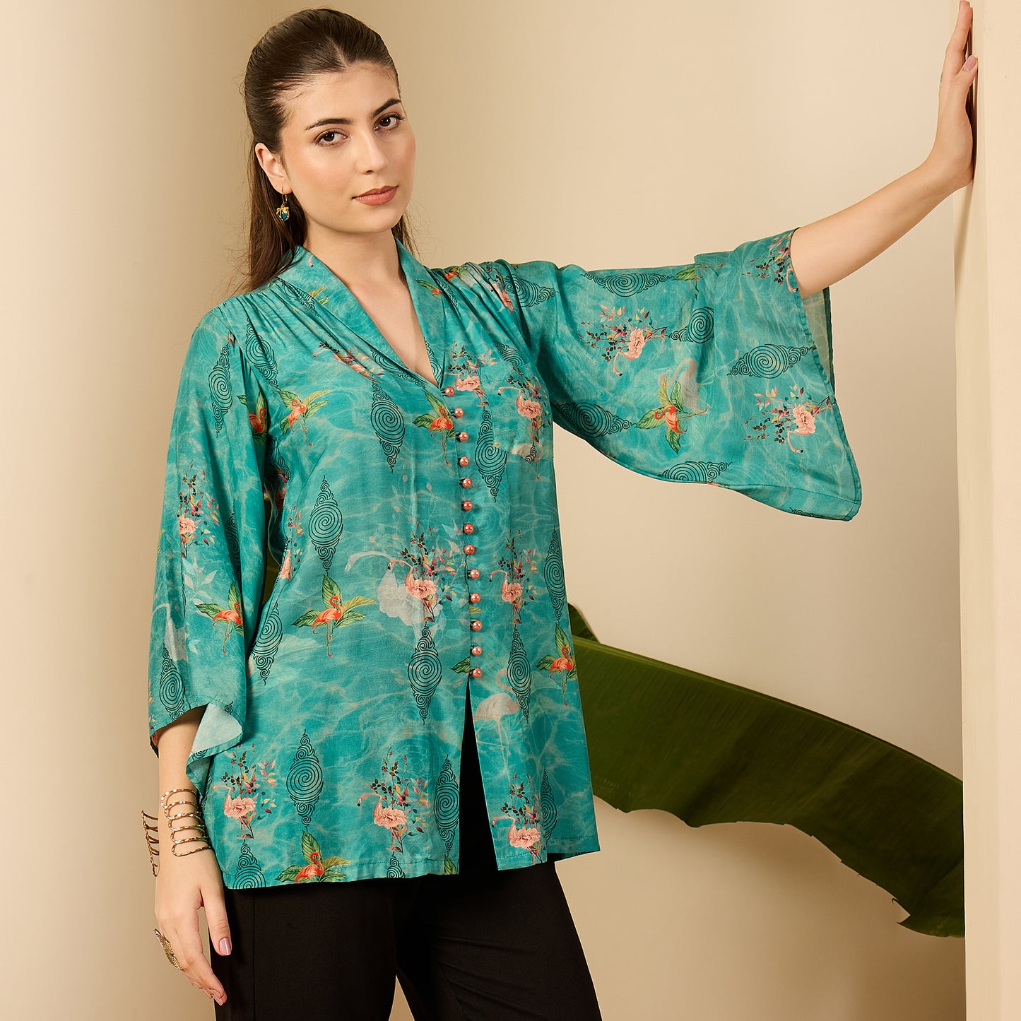 Teal Flamingo Floral Shirt