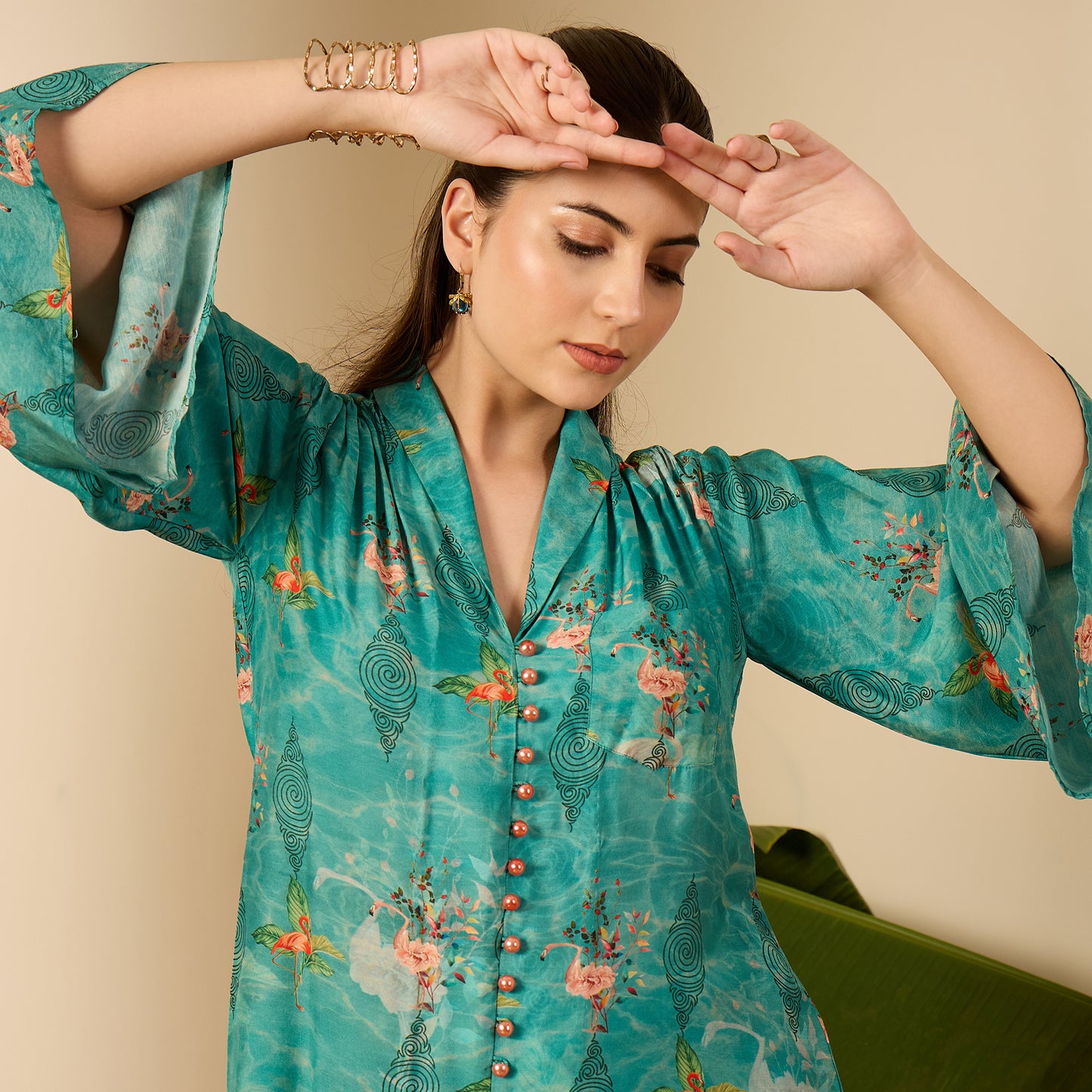 Teal Flamingo Floral Shirt
