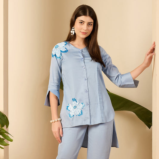 Blue Floral Sequined Embroidered Shirt