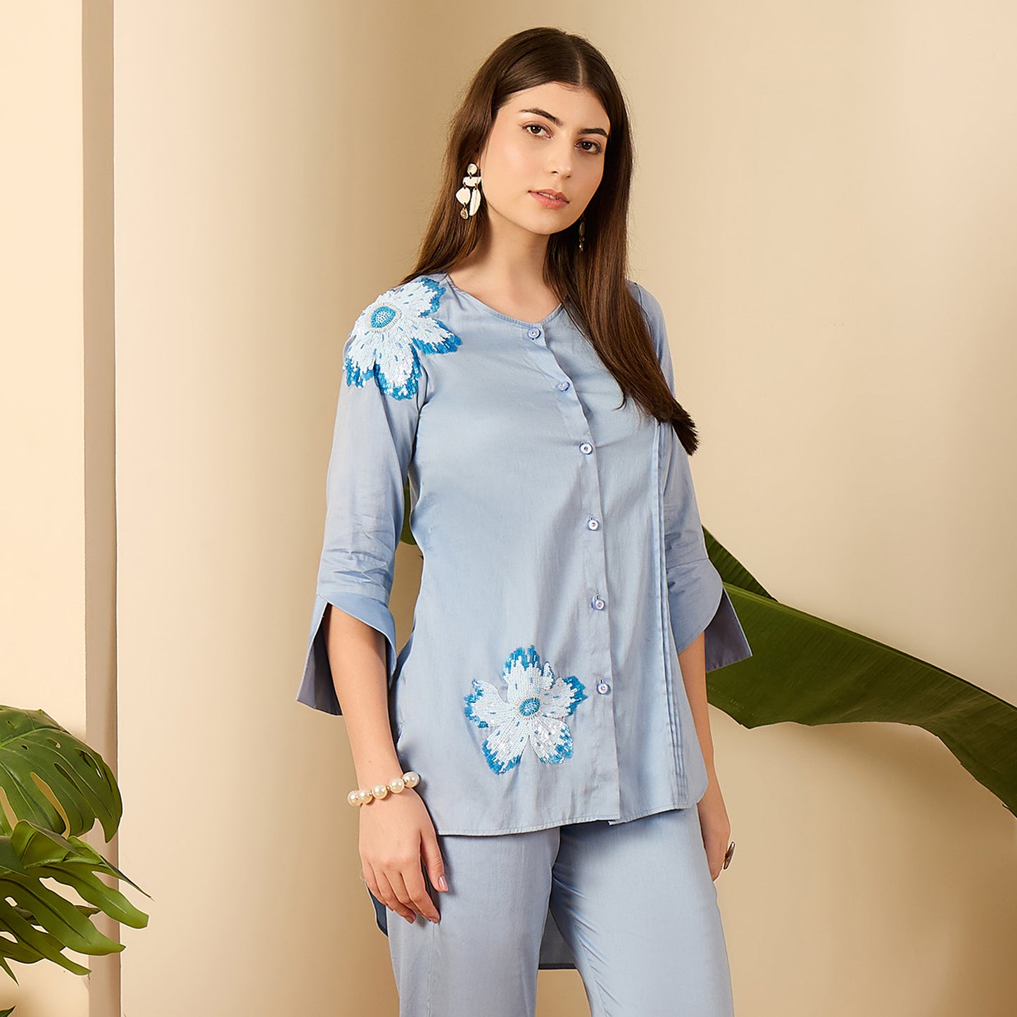 Blue Floral Sequined Embroidered Shirt