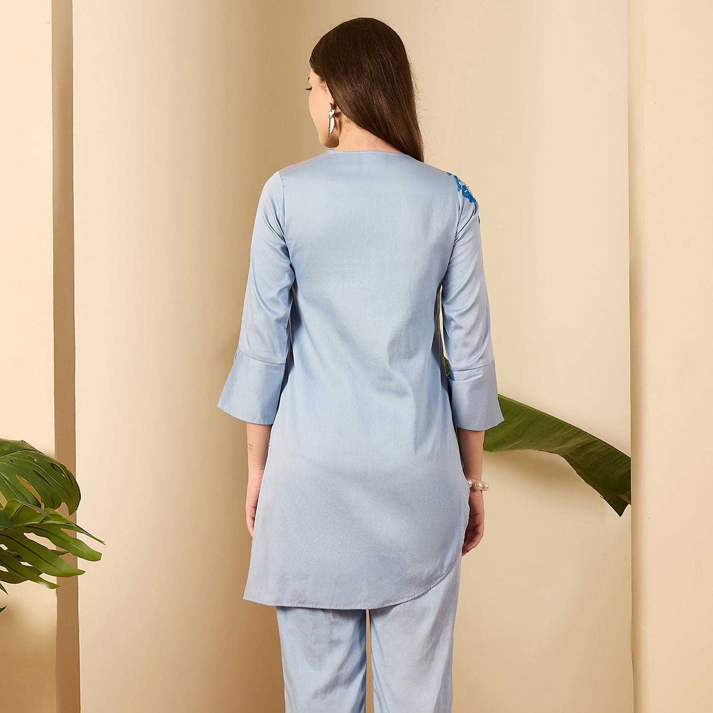 Blue Floral Sequined Embroidered Shirt
