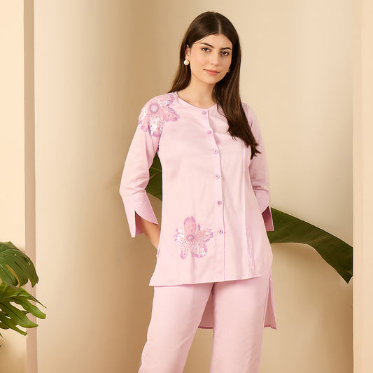 Lilac Floral Sequined Embroidered Shirt