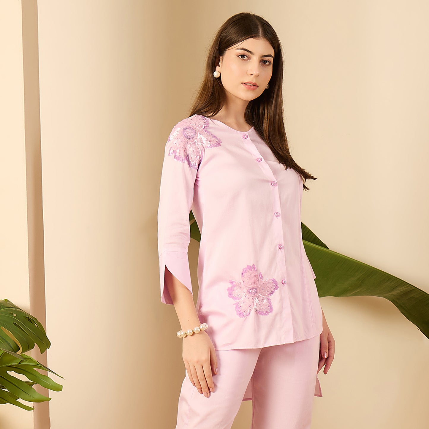 Lilac Floral Sequined Embroidered Shirt