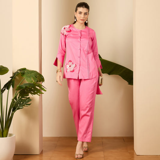Pink Floral Sequined Embroidered Shirt
