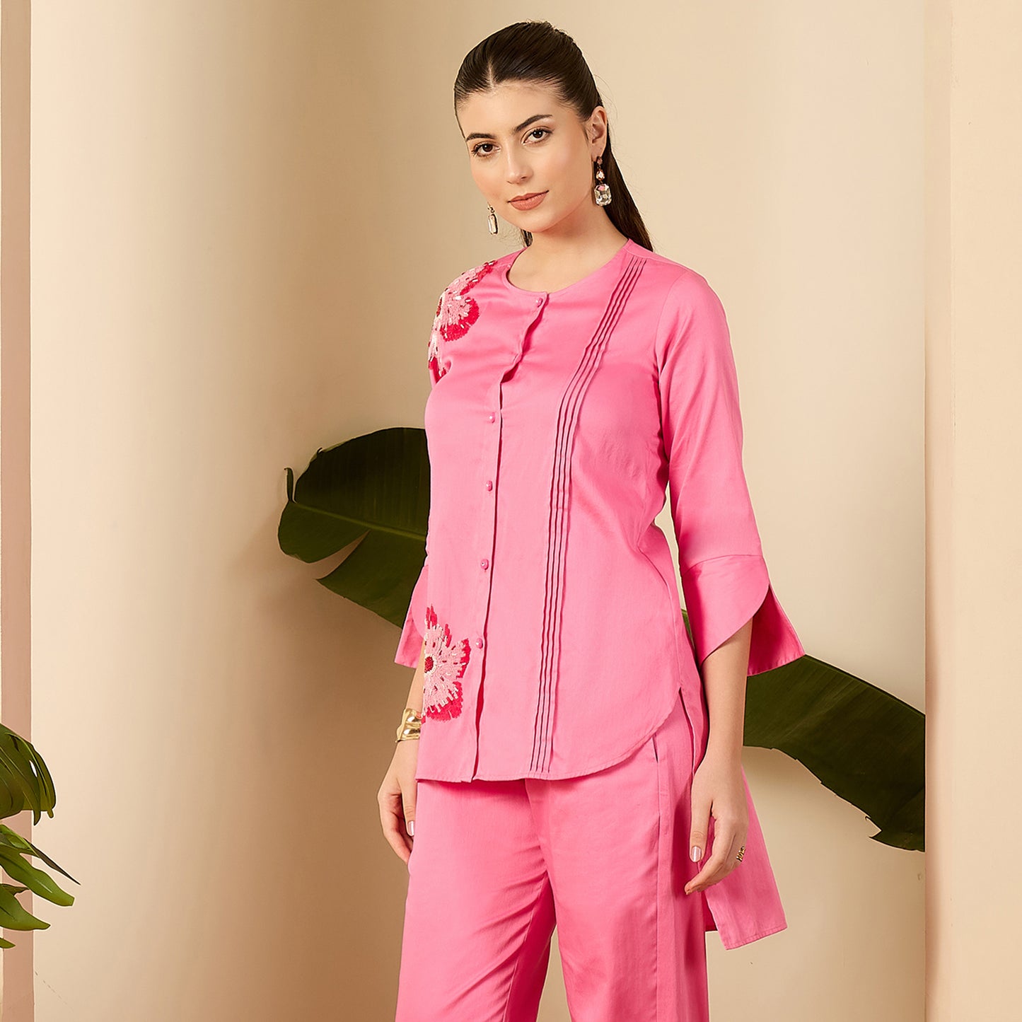 Pink Floral Sequined Embroidered Shirt