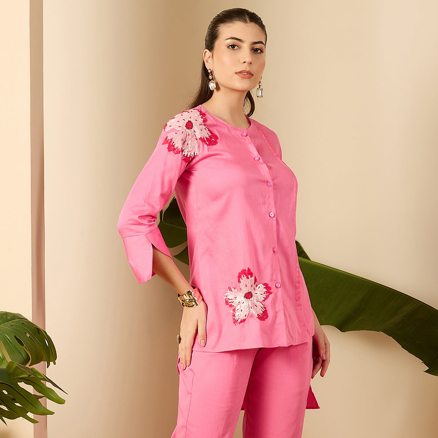 Pink Floral Sequined Embroidered Shirt