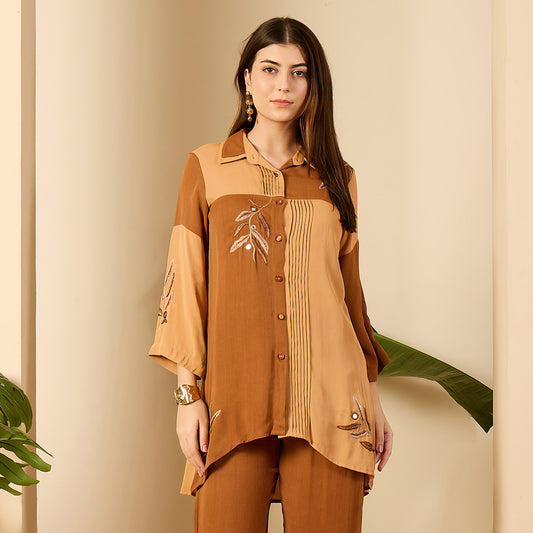 Brown and Beige Patched Hand Embroidered Shirt