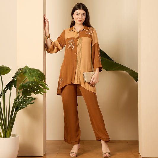 Brown and Beige Patched Hand Embroidered Shirt