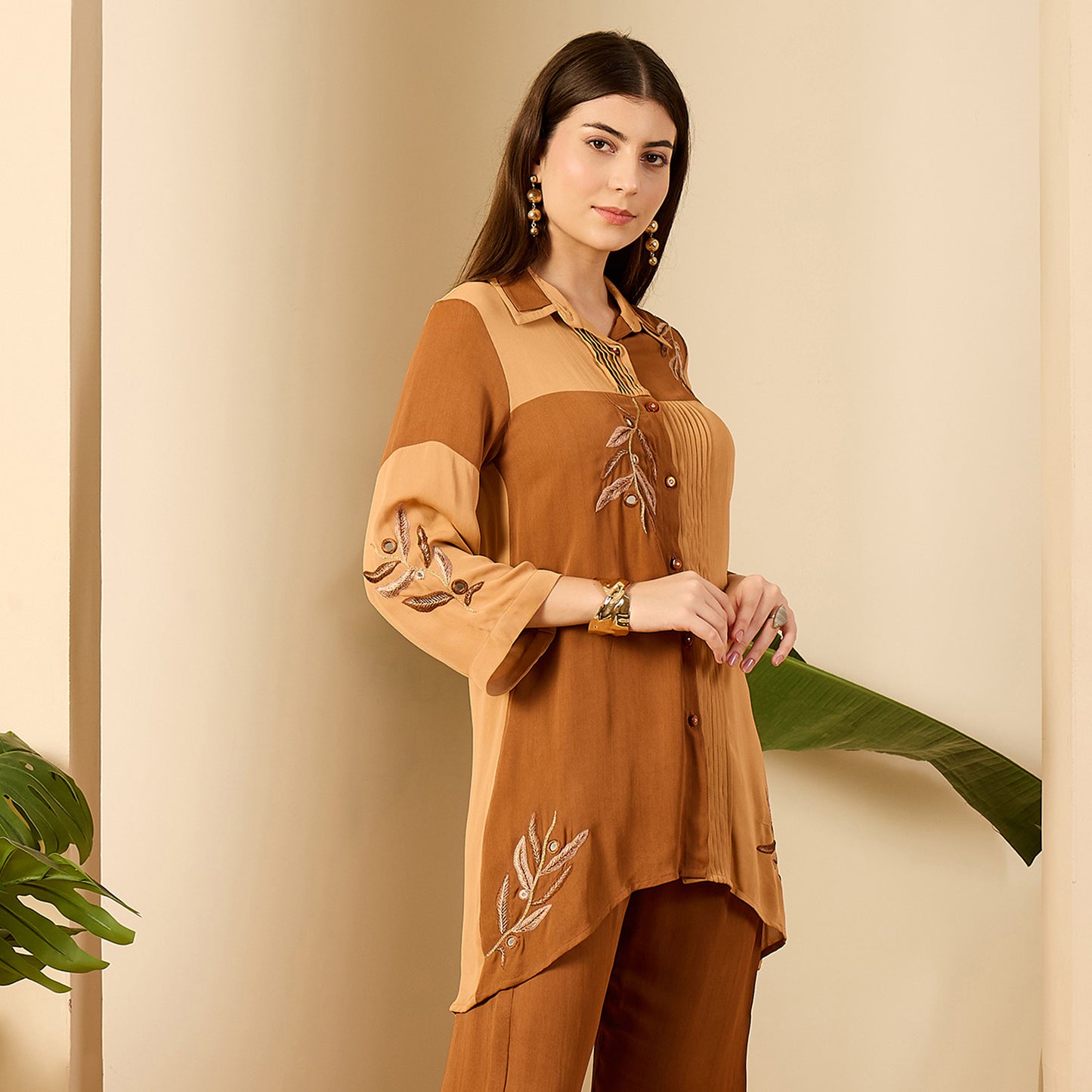 Brown and Beige Patched Hand Embroidered Shirt