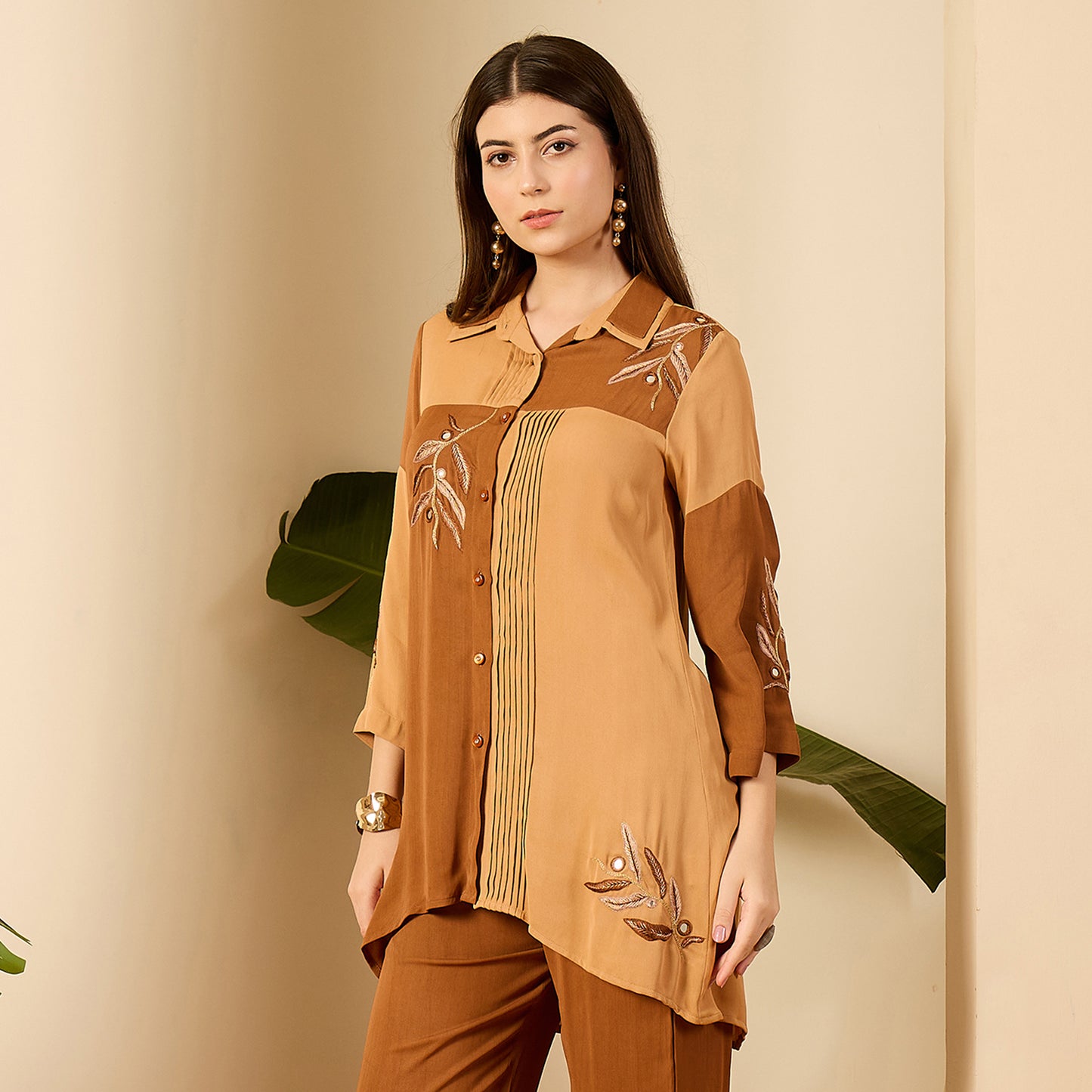 Brown and Beige Patched Hand Embroidered Shirt
