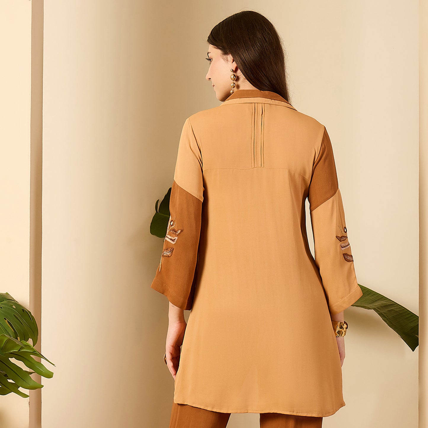 Brown and Beige Patched Hand Embroidered Shirt