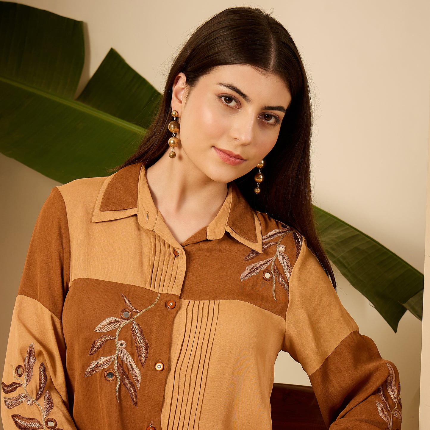 Brown and Beige Patched Hand Embroidered Shirt