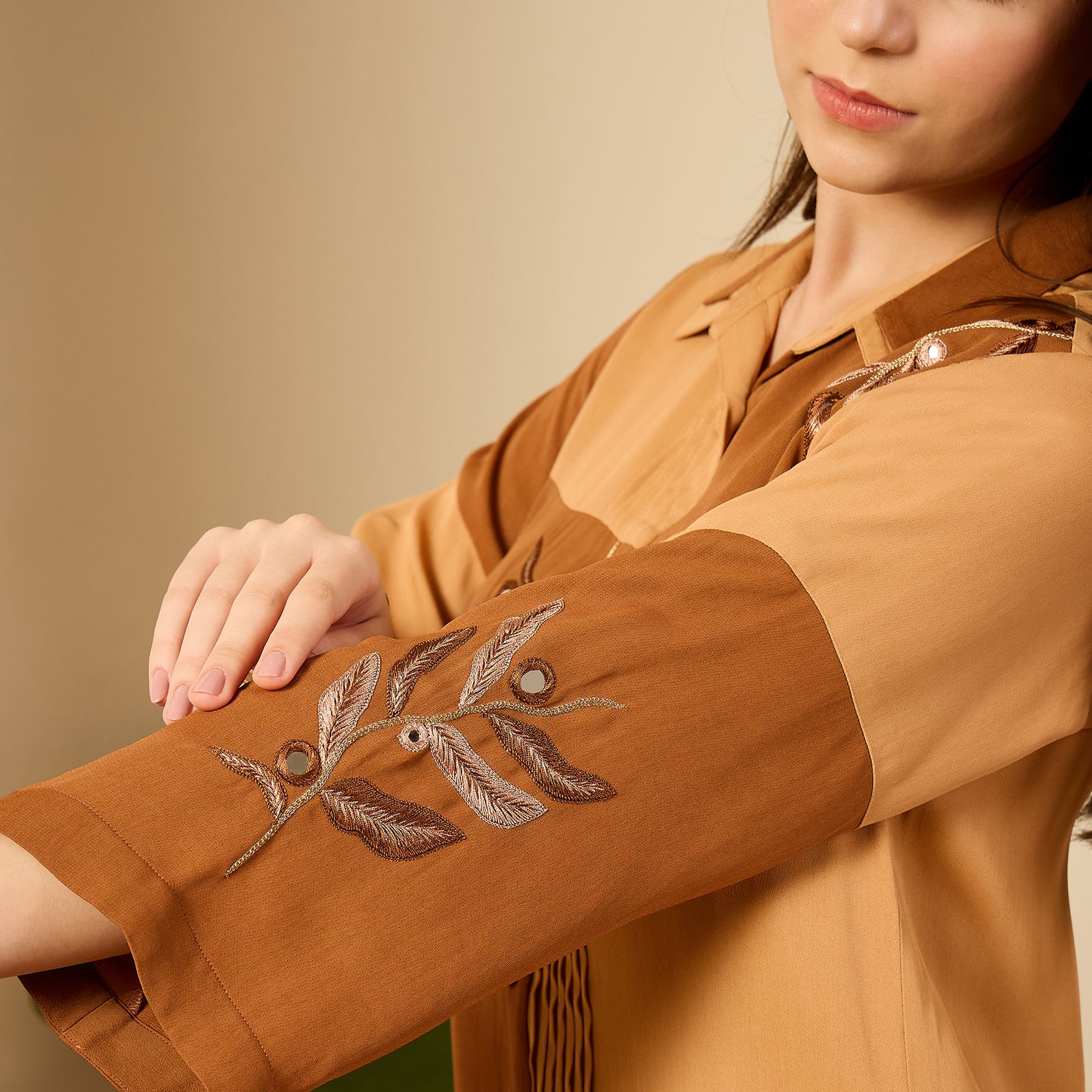 Brown and Beige Patched Hand Embroidered Shirt