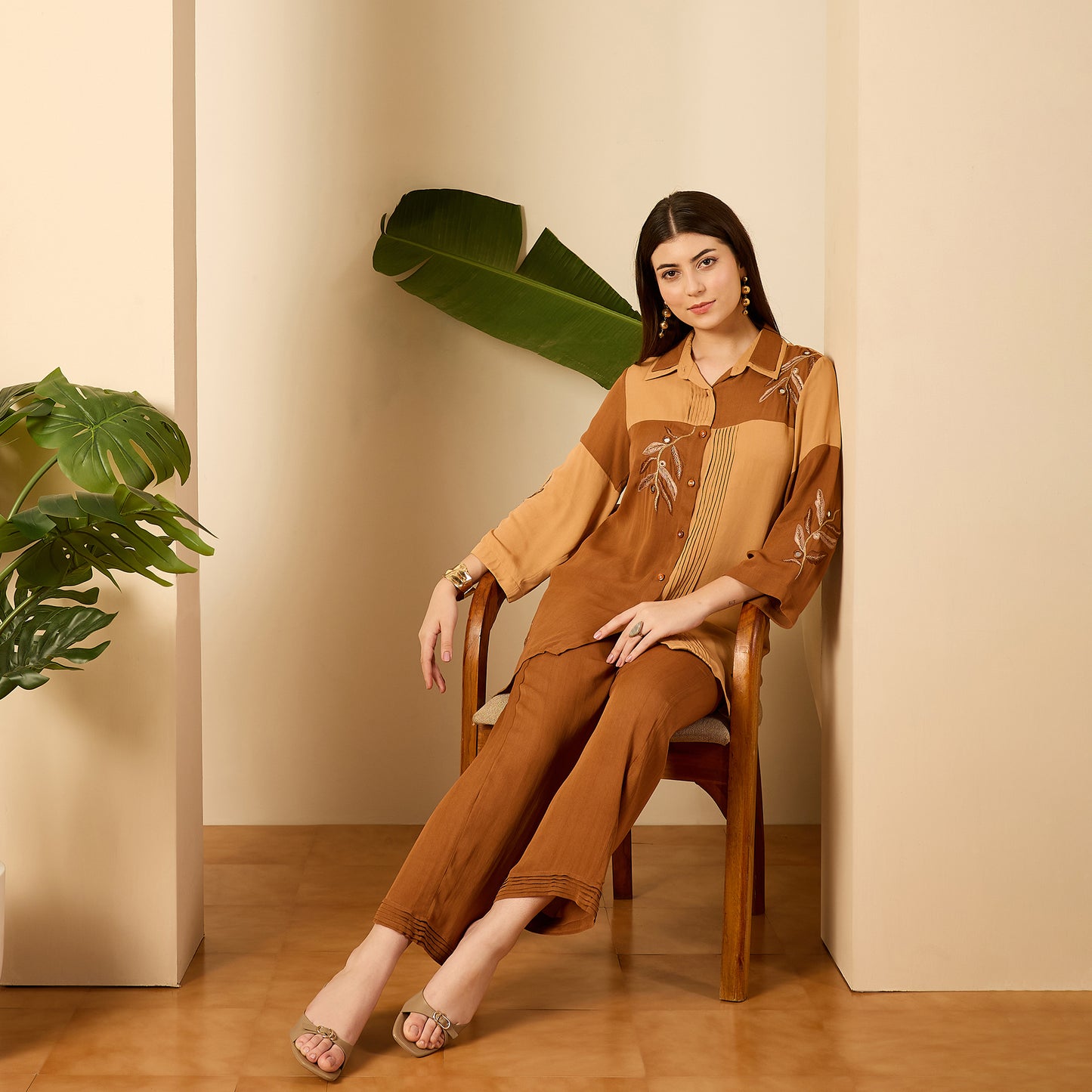 Brown and Beige Patched Hand Embroidered Shirt