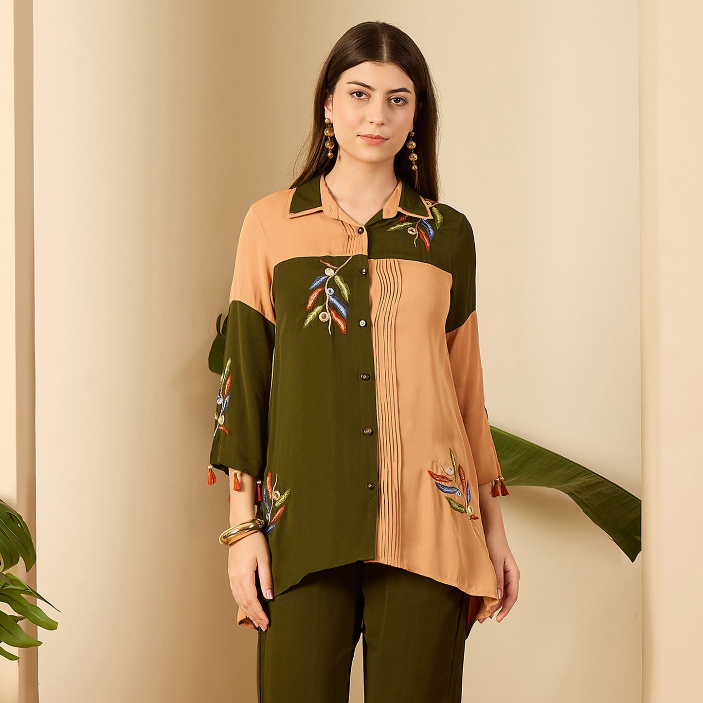 Green and Beige Patched Hand Embroidered Shirt