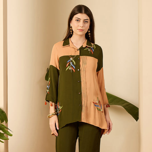 Green and Beige Patched Hand Embroidered Shirt