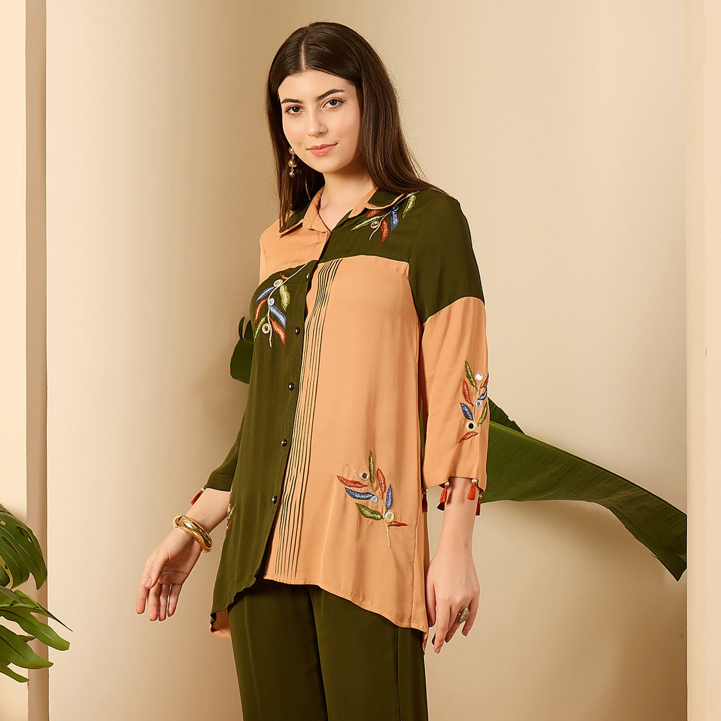 Green and Beige Patched Hand Embroidered Shirt
