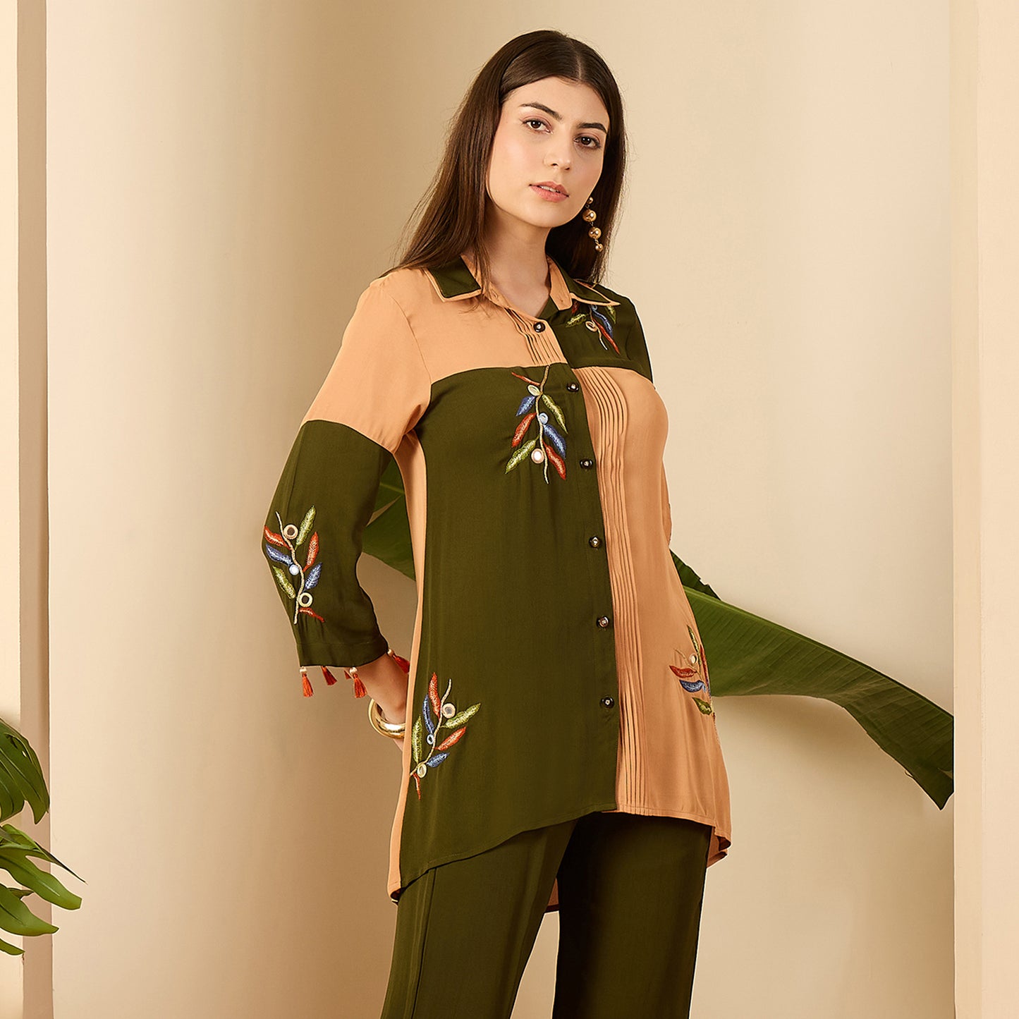 Green and Beige Patched Hand Embroidered Shirt