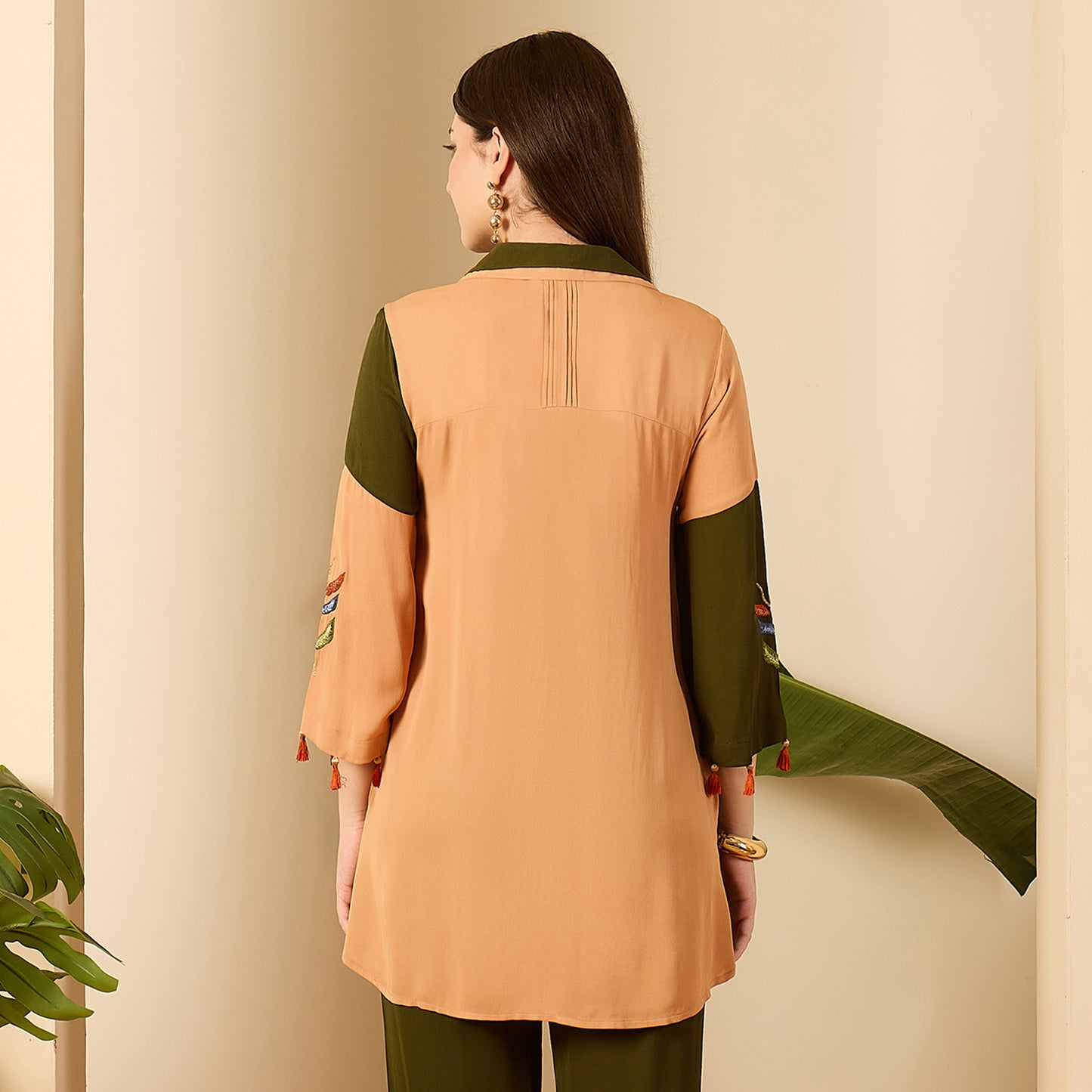Green and Beige Patched Hand Embroidered Shirt