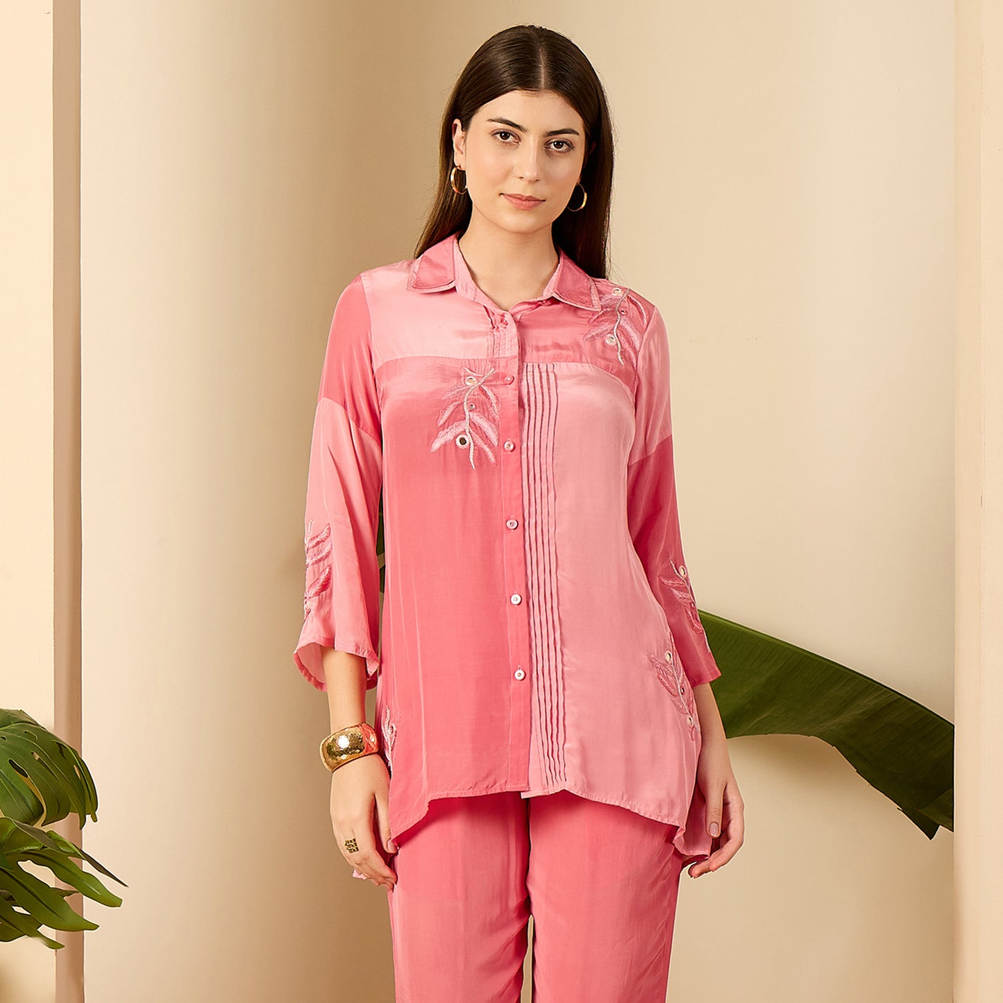 Luxury Pink Patched Hand Embroidered Shirt