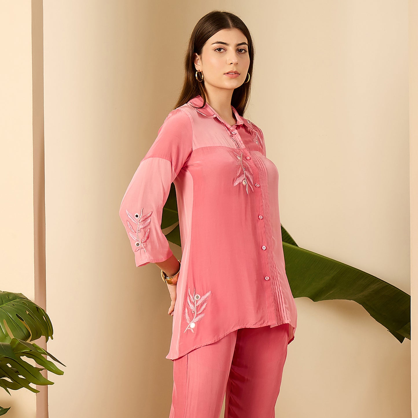 Luxury Pink Patched Hand Embroidered Shirt