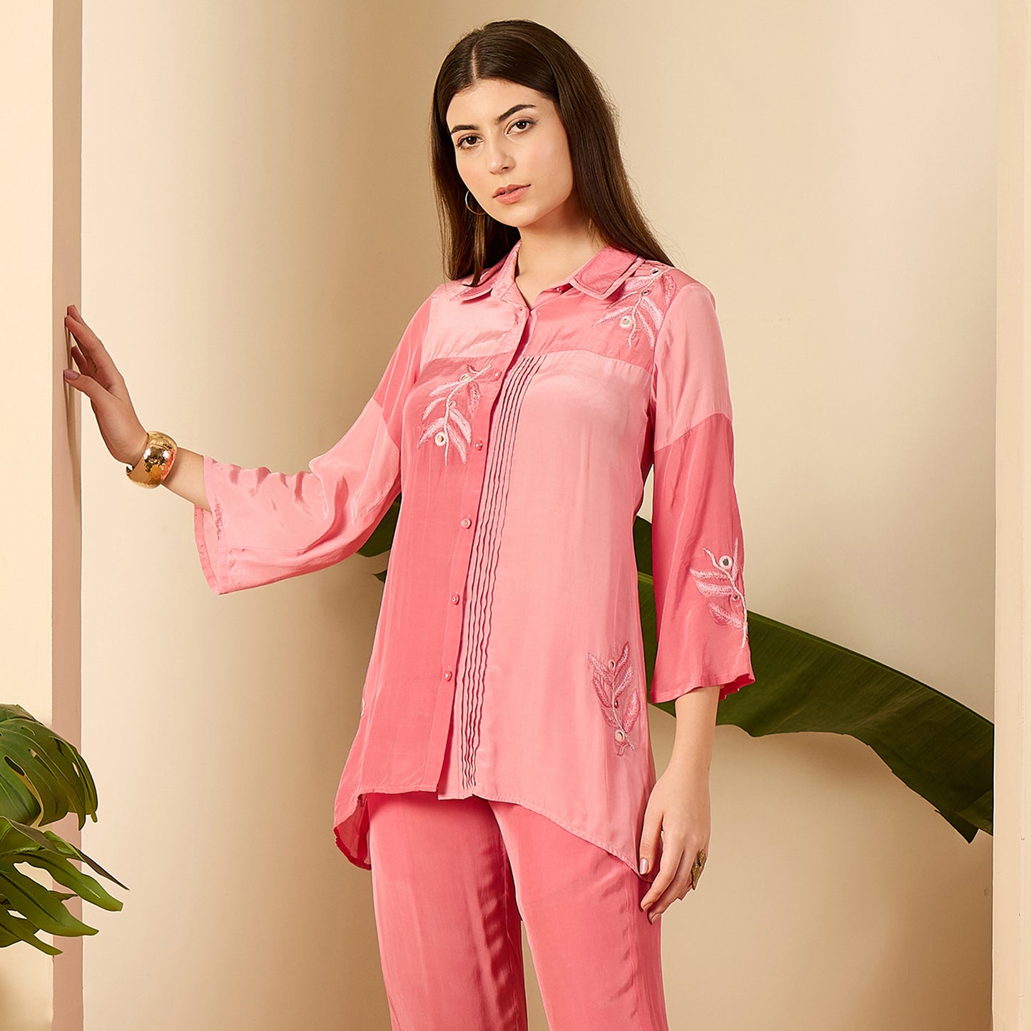 Luxury Pink Patched Hand Embroidered Shirt