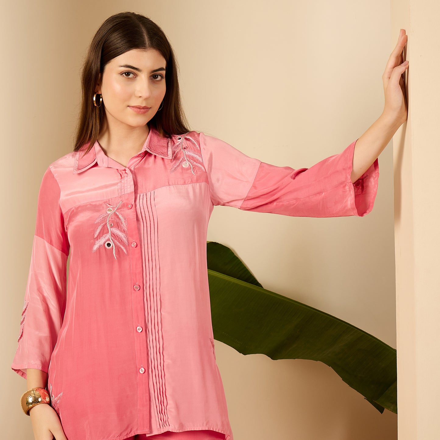 Luxury Pink Patched Hand Embroidered Shirt