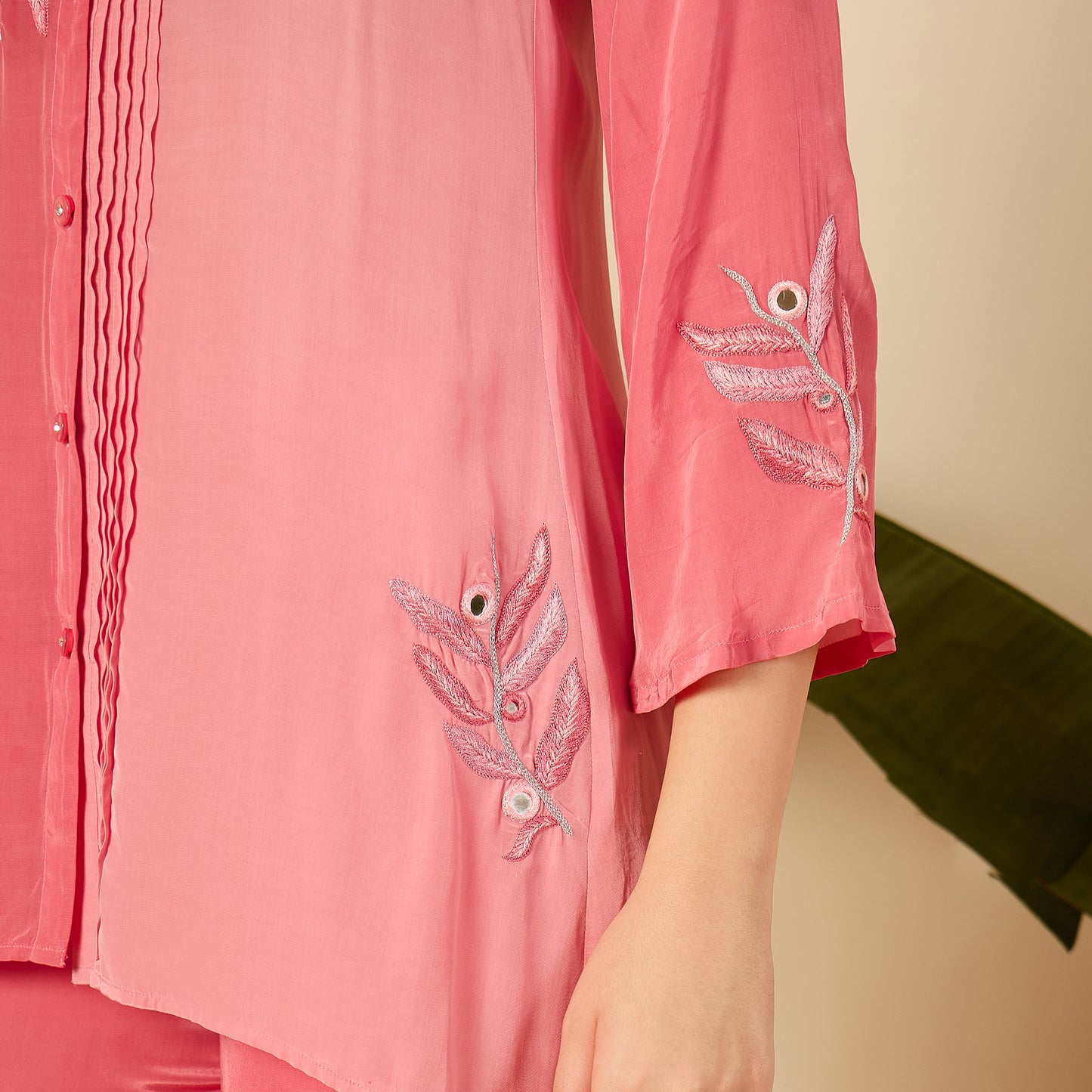 Luxury Pink Patched Hand Embroidered Shirt
