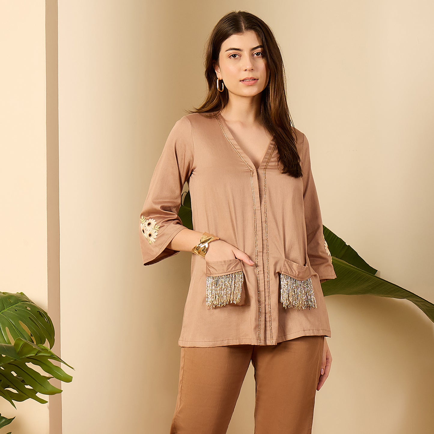 Coco Brown Pocket Nalki Embroidered Shirt