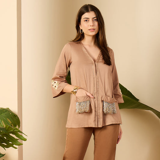 Coco Brown Pocket Nalki Embroidered Shirt