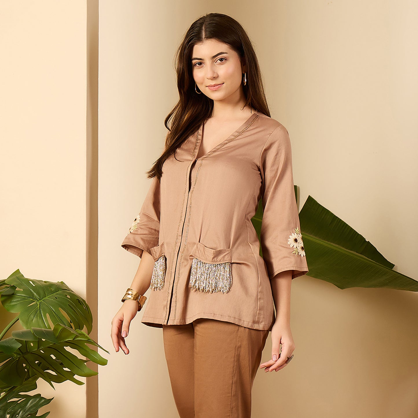 Coco Brown Pocket Nalki Embroidered Shirt